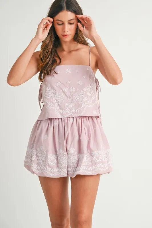 MABLE Embroidered Crop Cami and Balloon Mini Skirt Set - Brittney MADE