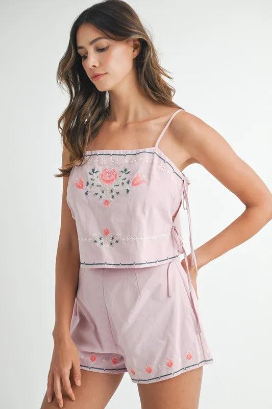 MABLE Embroidered Crop Top and Shorts Set - Brittney MADE