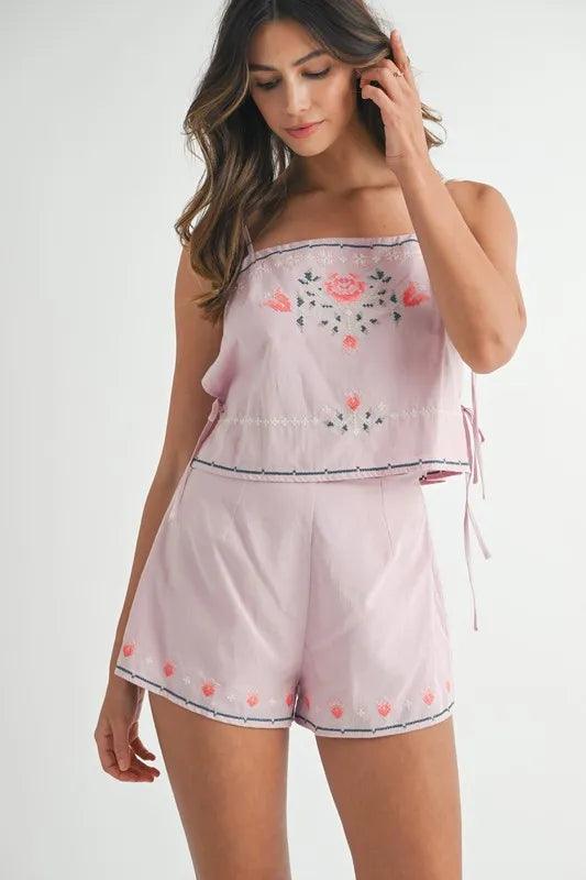 MABLE Embroidered Crop Top and Shorts Set - Brittney MADE