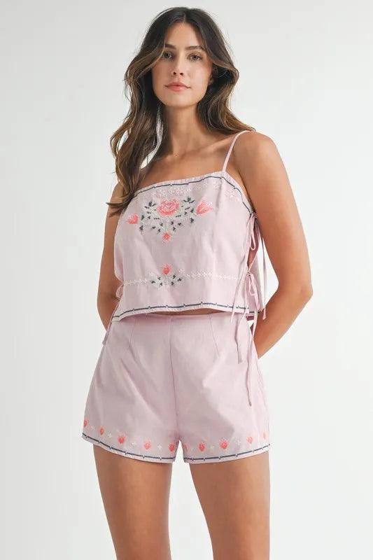 MABLE Embroidered Crop Top and Shorts Set - Brittney MADE