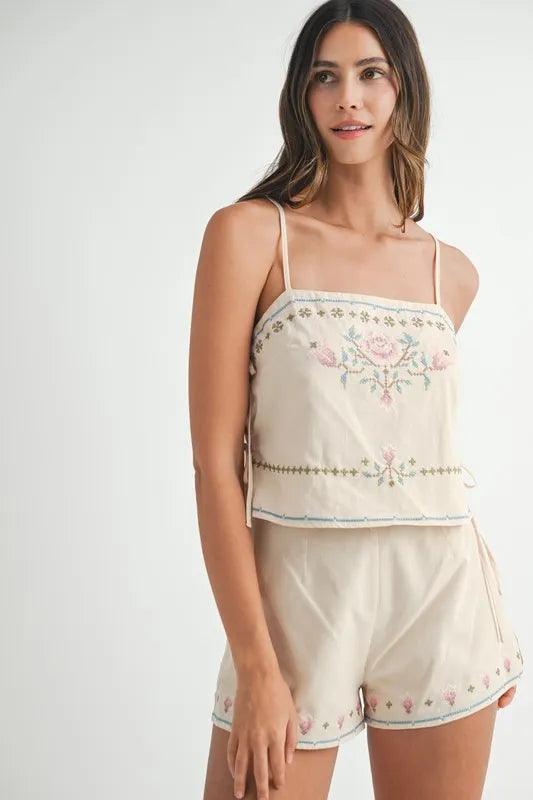MABLE Embroidered Crop Top and Shorts Set - Brittney MADE