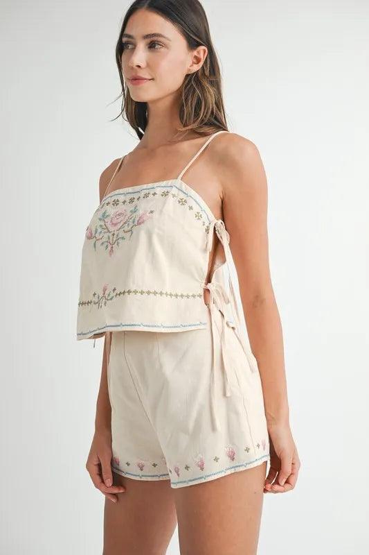 MABLE Embroidered Crop Top and Shorts Set - Brittney MADE