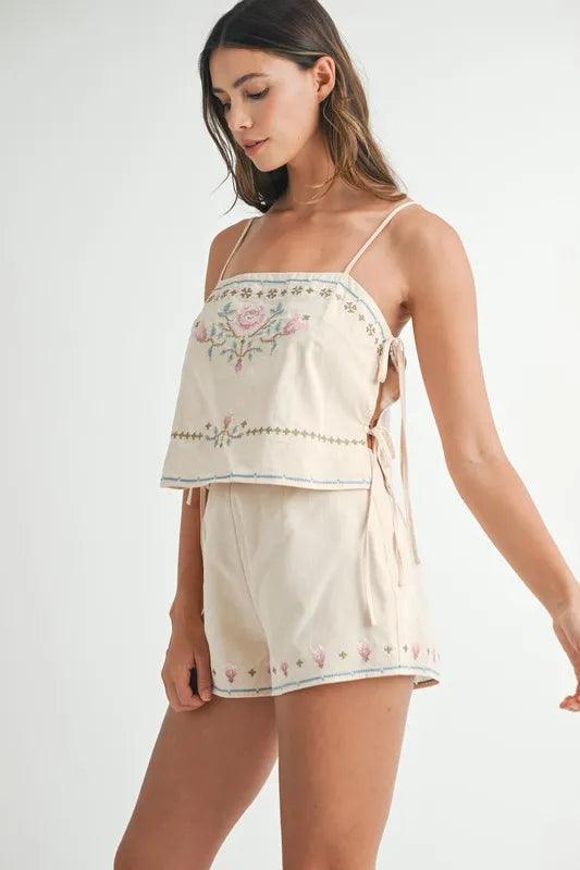 MABLE Embroidered Crop Top and Shorts Set - Brittney MADE