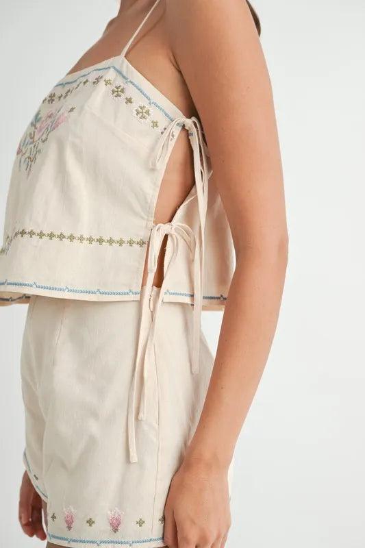 MABLE Embroidered Crop Top and Shorts Set - Brittney MADE
