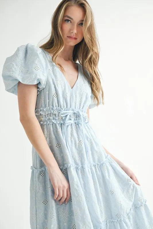 MABLE Eyelet Lace Puff Sleeve V Neck Midi Dress - Brittney MADE