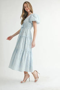 MABLE Eyelet Lace Puff Sleeve V Neck Midi Dress - Brittney MADE