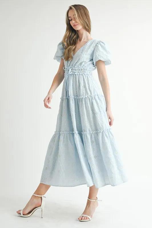 MABLE Eyelet Lace Puff Sleeve V Neck Midi Dress - Brittney MADE