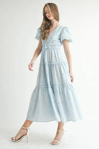 MABLE Eyelet Lace Puff Sleeve V Neck Midi Dress - Brittney MADE