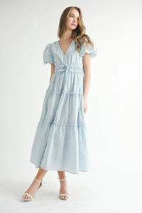 MABLE Eyelet Lace Puff Sleeve V Neck Midi Dress - Brittney MADE