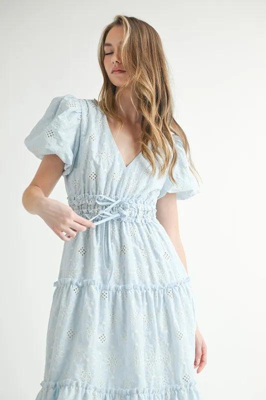 MABLE Eyelet Lace Puff Sleeve V Neck Midi Dress - Brittney MADE