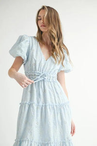 MABLE Eyelet Lace Puff Sleeve V Neck Midi Dress - Brittney MADE