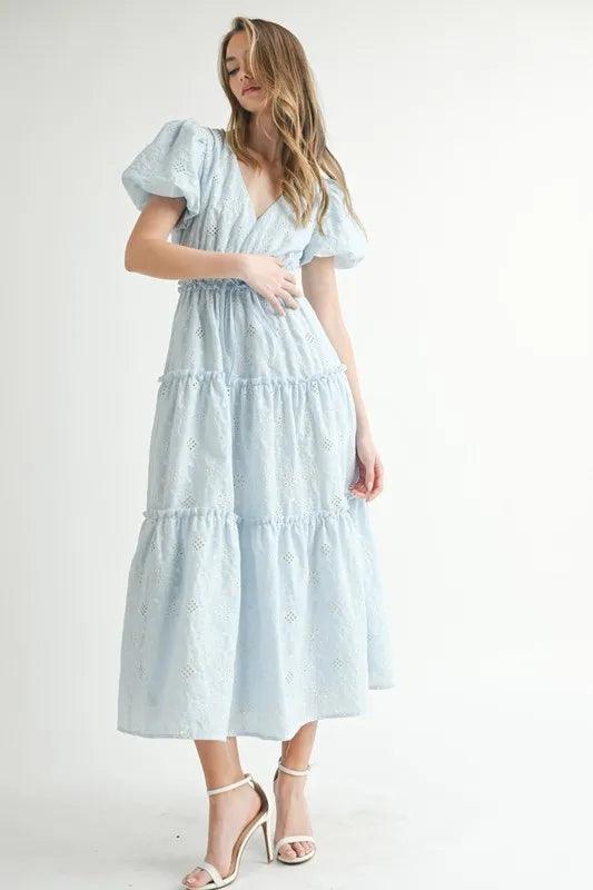 MABLE Eyelet Lace Puff Sleeve V Neck Midi Dress - Brittney MADE