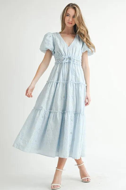 MABLE Eyelet Lace Puff Sleeve V Neck Midi Dress - Brittney MADE