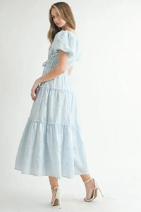 MABLE Eyelet Lace Puff Sleeve V Neck Midi Dress - Brittney MADE