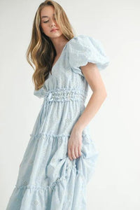 MABLE Eyelet Lace Puff Sleeve V Neck Midi Dress - Brittney MADE
