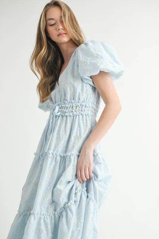MABLE Eyelet Lace Puff Sleeve V Neck Midi Dress - Brittney MADE