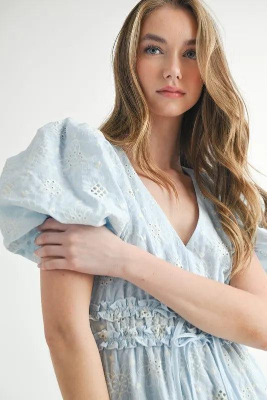 MABLE Eyelet Lace Puff Sleeve V Neck Midi Dress - Brittney MADE