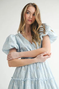 MABLE Eyelet Lace Puff Sleeve V Neck Midi Dress - Brittney MADE
