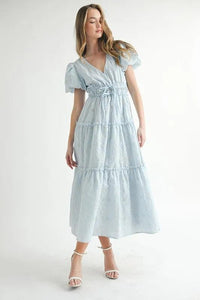 MABLE Eyelet Lace Puff Sleeve V Neck Midi Dress - Brittney MADE