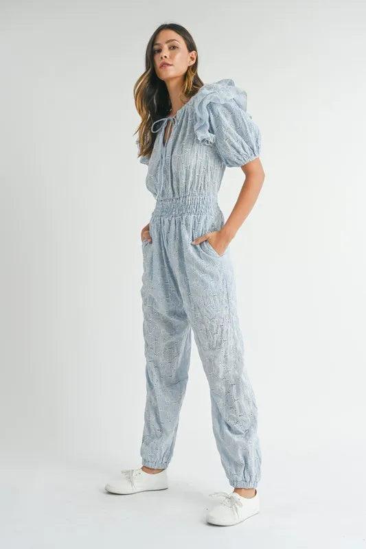 MABLE Eyelet Lace Ruffle Shoulder Jumpsuit - Brittney MADE