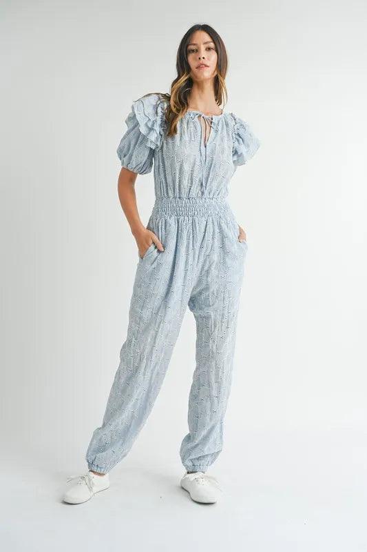 MABLE Eyelet Lace Ruffle Shoulder Jumpsuit - Brittney MADE