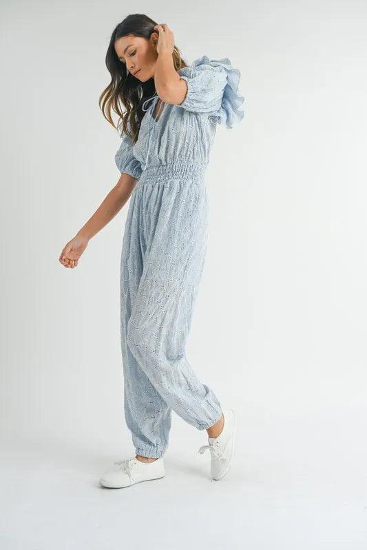 MABLE Eyelet Lace Ruffle Shoulder Jumpsuit - Brittney MADE