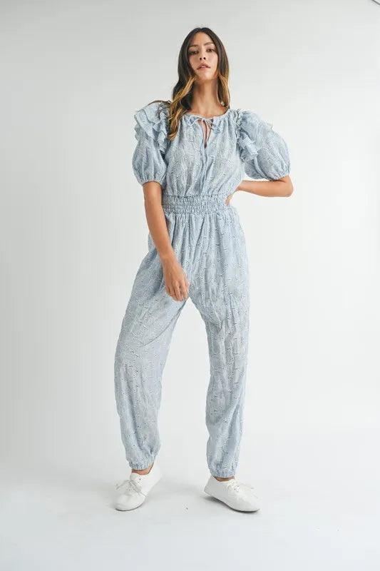 MABLE Eyelet Lace Ruffle Shoulder Jumpsuit - Brittney MADE