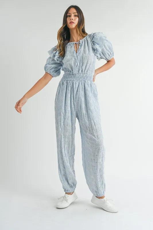 MABLE Eyelet Lace Ruffle Shoulder Jumpsuit - Brittney MADE