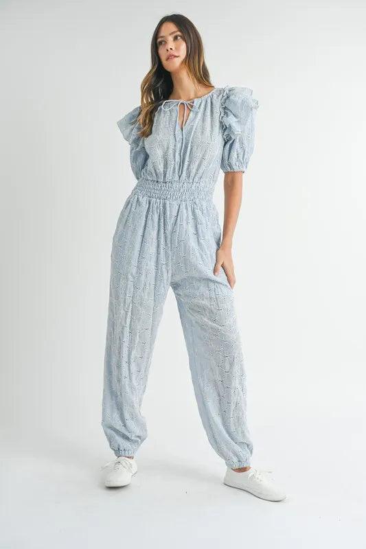MABLE Eyelet Lace Ruffle Shoulder Jumpsuit - Brittney MADE