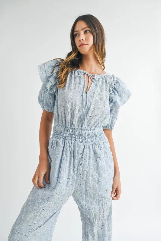 MABLE Eyelet Lace Ruffle Shoulder Jumpsuit - Brittney MADE