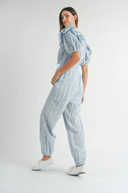MABLE Eyelet Lace Ruffle Shoulder Jumpsuit - Brittney MADE