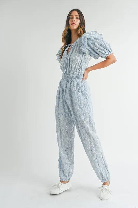 MABLE Eyelet Lace Ruffle Shoulder Jumpsuit - Brittney MADE