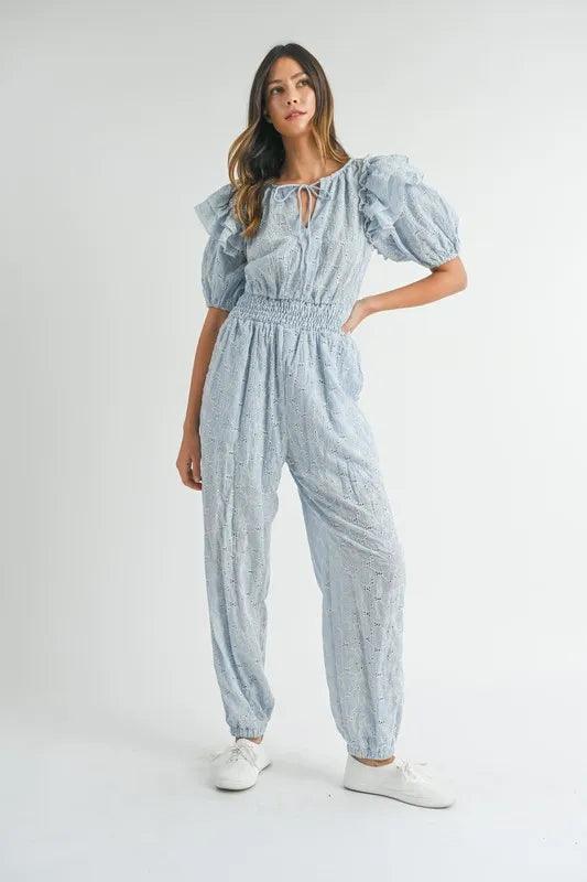 MABLE Eyelet Lace Ruffle Shoulder Jumpsuit - Brittney MADE