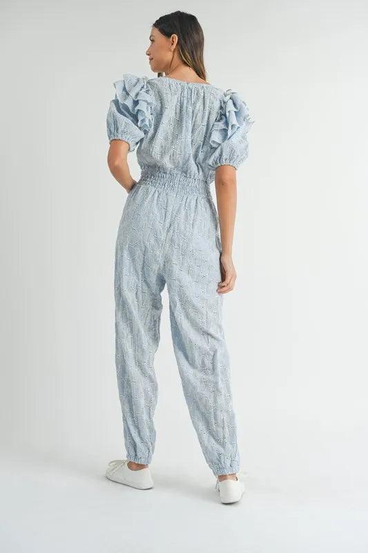 MABLE Eyelet Lace Ruffle Shoulder Jumpsuit - Brittney MADE