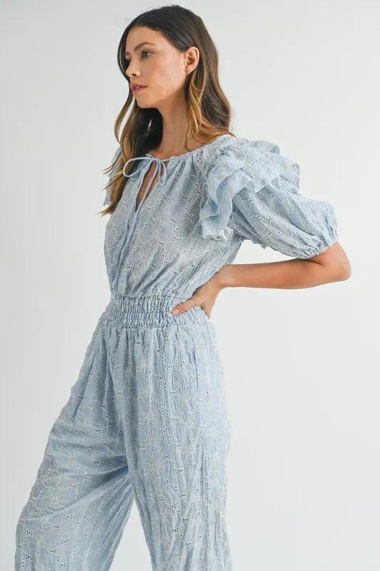 MABLE Eyelet Lace Ruffle Shoulder Jumpsuit - Brittney MADE