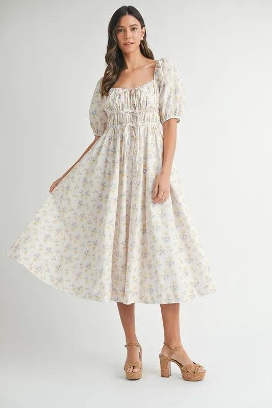 MABLE Floral Drawstring Detail Puff Sleeve Midi Dress - Brittney MADE