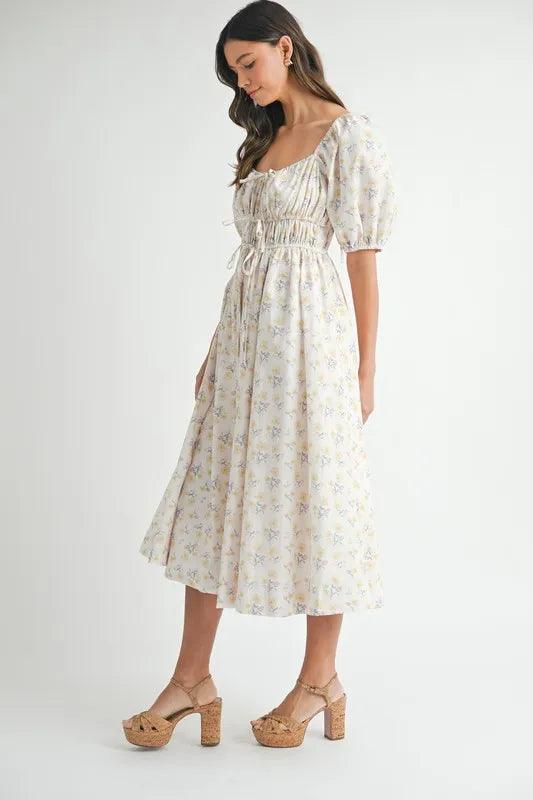 MABLE Floral Drawstring Detail Puff Sleeve Midi Dress - Brittney MADE