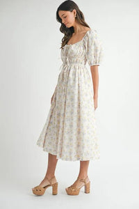 MABLE Floral Drawstring Detail Puff Sleeve Midi Dress - Brittney MADE