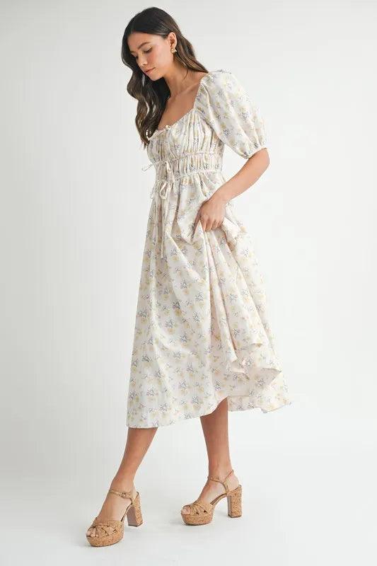 MABLE Floral Drawstring Detail Puff Sleeve Midi Dress - Brittney MADE