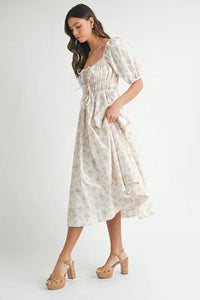 MABLE Floral Drawstring Detail Puff Sleeve Midi Dress - Brittney MADE