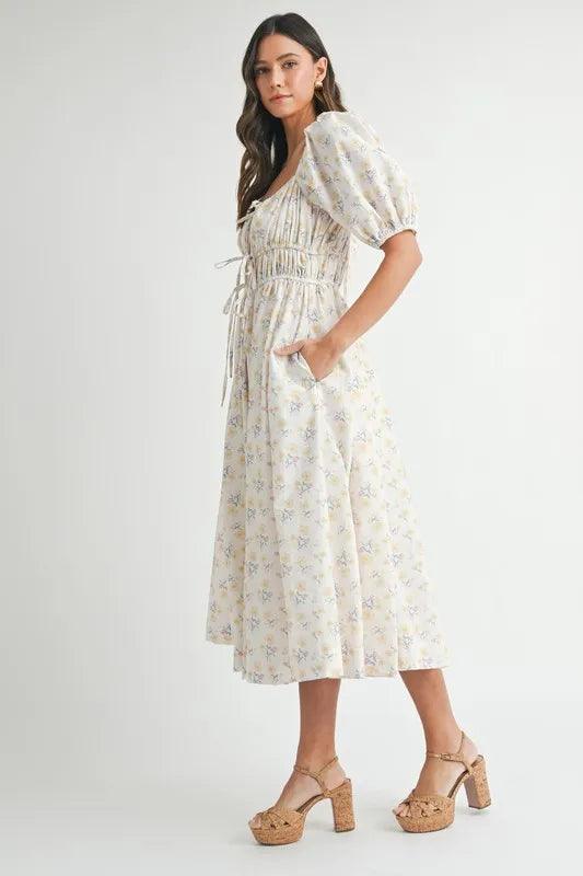 MABLE Floral Drawstring Detail Puff Sleeve Midi Dress - Brittney MADE