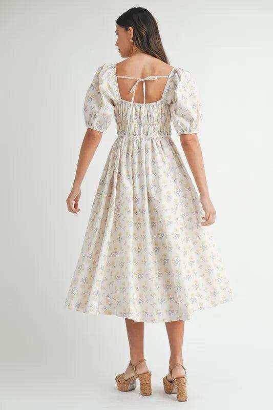 MABLE Floral Drawstring Detail Puff Sleeve Midi Dress - Brittney MADE