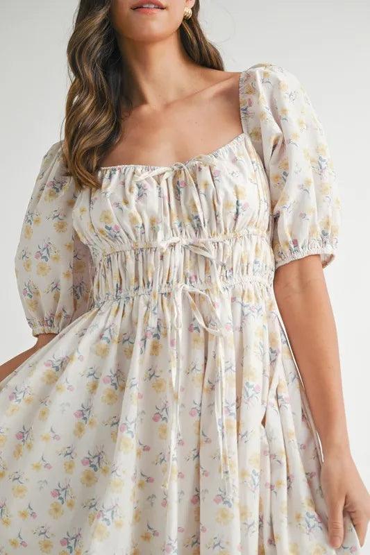 MABLE Floral Drawstring Detail Puff Sleeve Midi Dress - Brittney MADE
