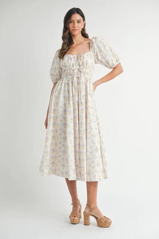 MABLE Floral Drawstring Detail Puff Sleeve Midi Dress - Brittney MADE
