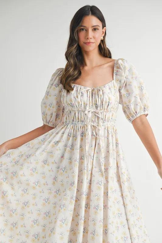 MABLE Floral Drawstring Detail Puff Sleeve Midi Dress - Brittney MADE