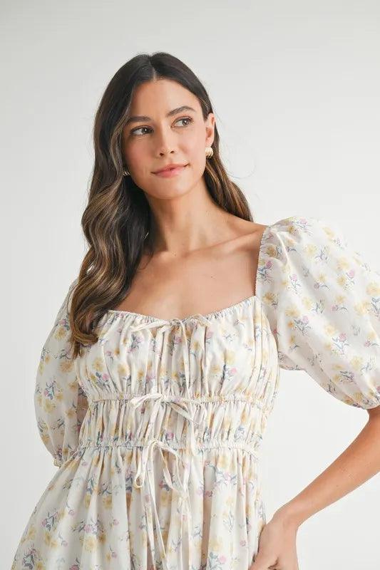 MABLE Floral Drawstring Detail Puff Sleeve Midi Dress - Brittney MADE