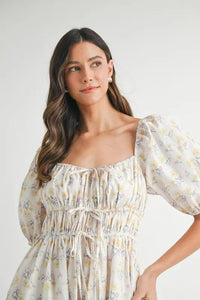 MABLE Floral Drawstring Detail Puff Sleeve Midi Dress - Brittney MADE