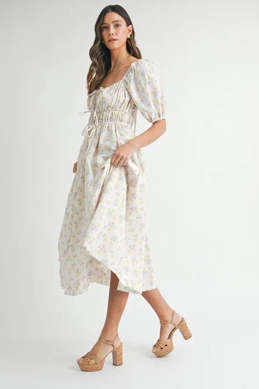 MABLE Floral Drawstring Detail Puff Sleeve Midi Dress - Brittney MADE