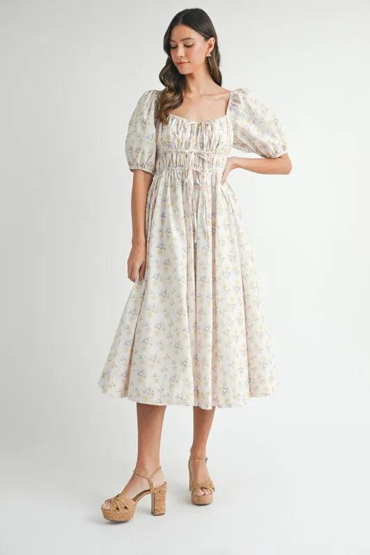 MABLE Floral Drawstring Detail Puff Sleeve Midi Dress - Brittney MADE