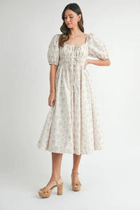 MABLE Floral Drawstring Detail Puff Sleeve Midi Dress - Brittney MADE